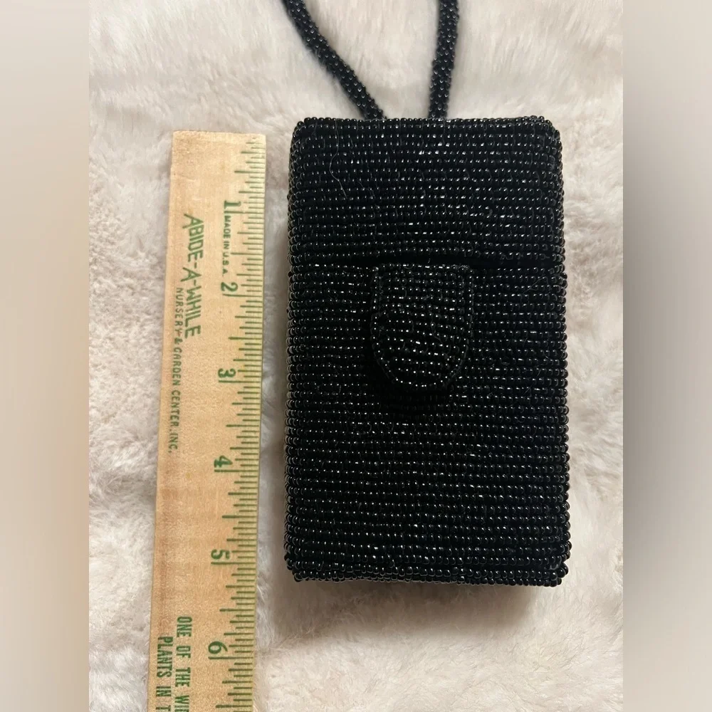 BEADED black cosmetic rectangle cosmetic/ evening mini bag with built in mirror